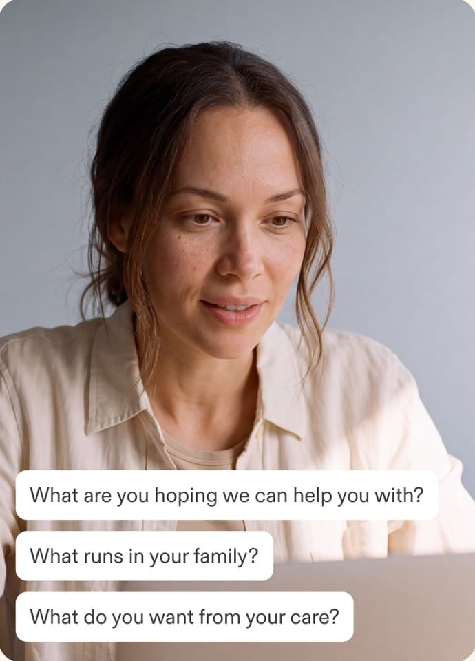 A member on a video call, with the questions we ask during a welcome call floating alongside.